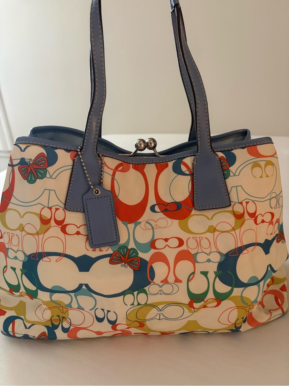 Colorful Signature-Print Tote Bag with Blue Trim